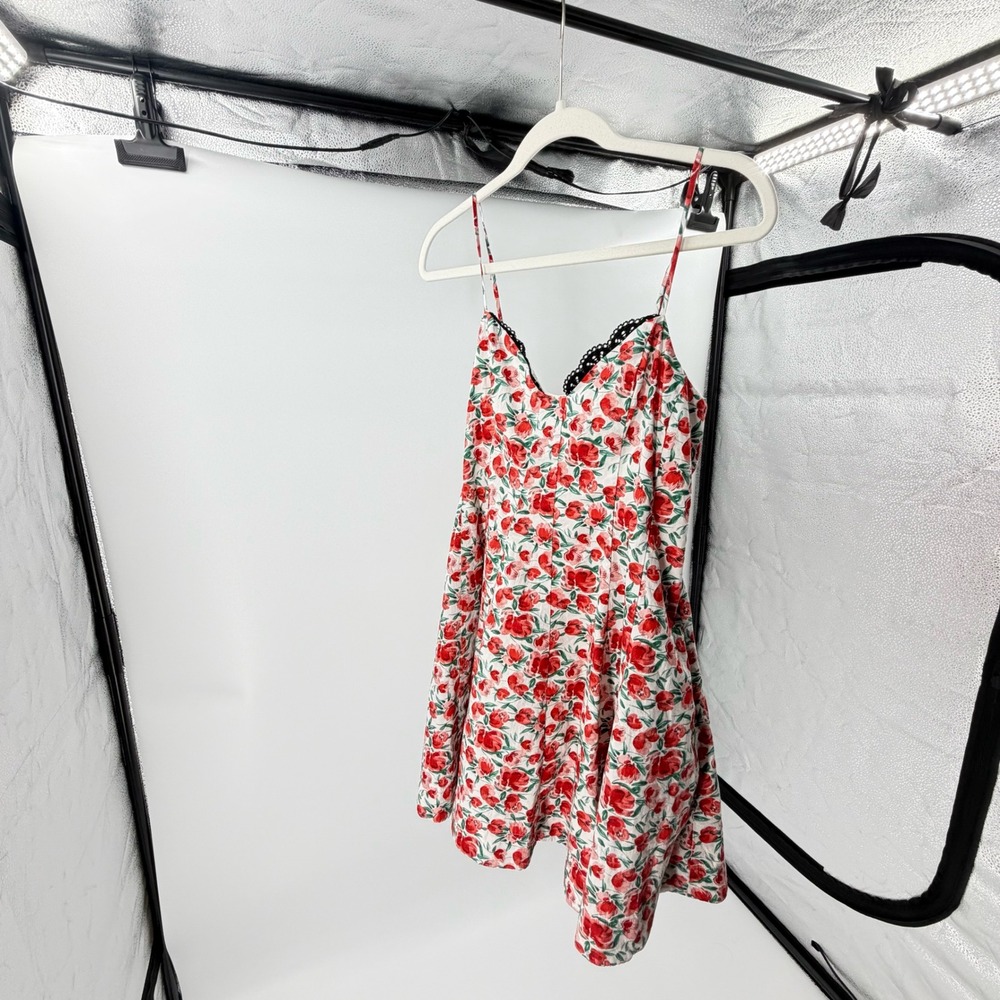 Maeve Coquette Red Floral Lace Trim Mini Dress Small Cottagecore‎ Romantic